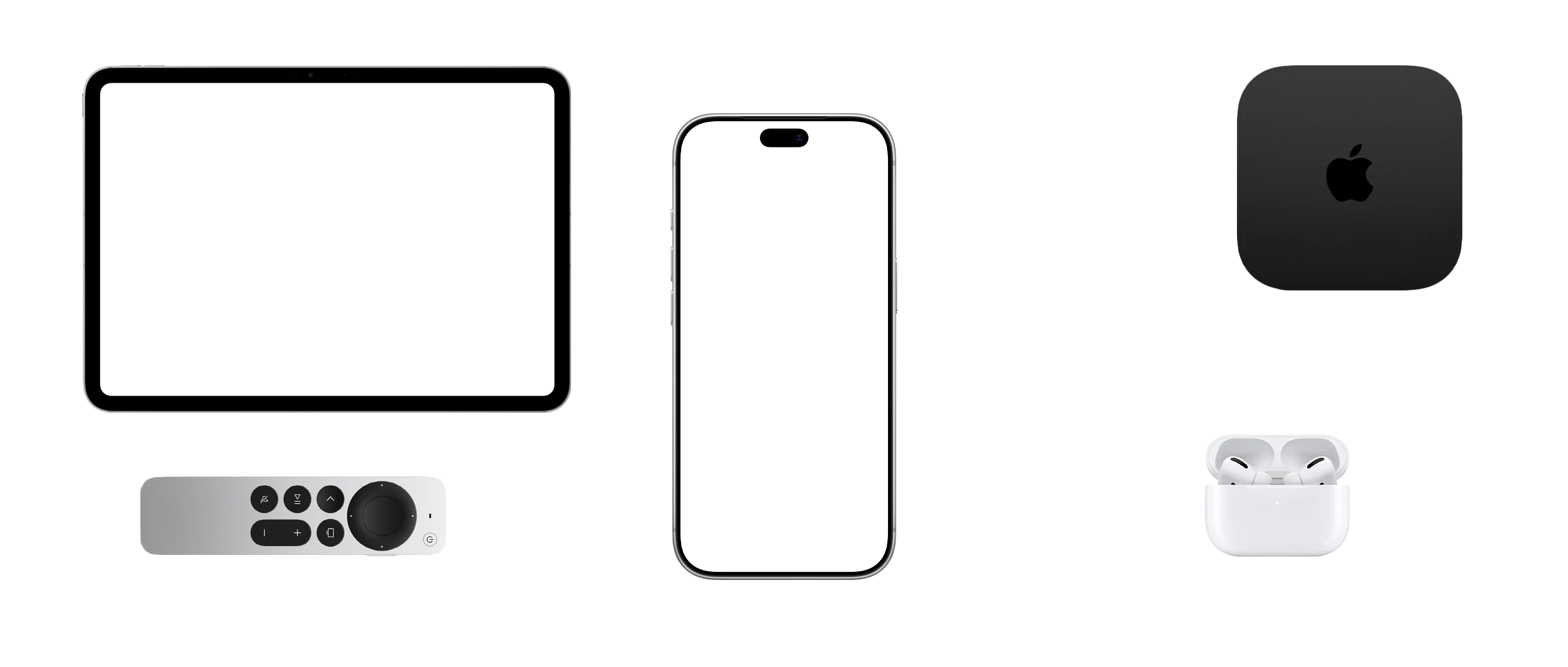 iPad, iPhone, an Apple TV with its remote and a pair of AirPods, seen from above